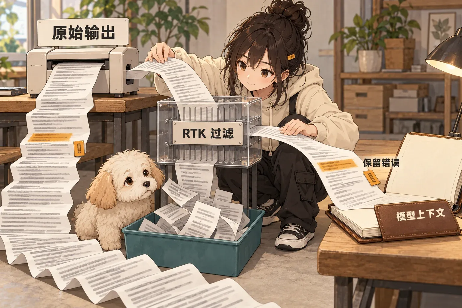 Original Chinese-labeled cover: RTK filters repeated shell output and sends retained error information into model context