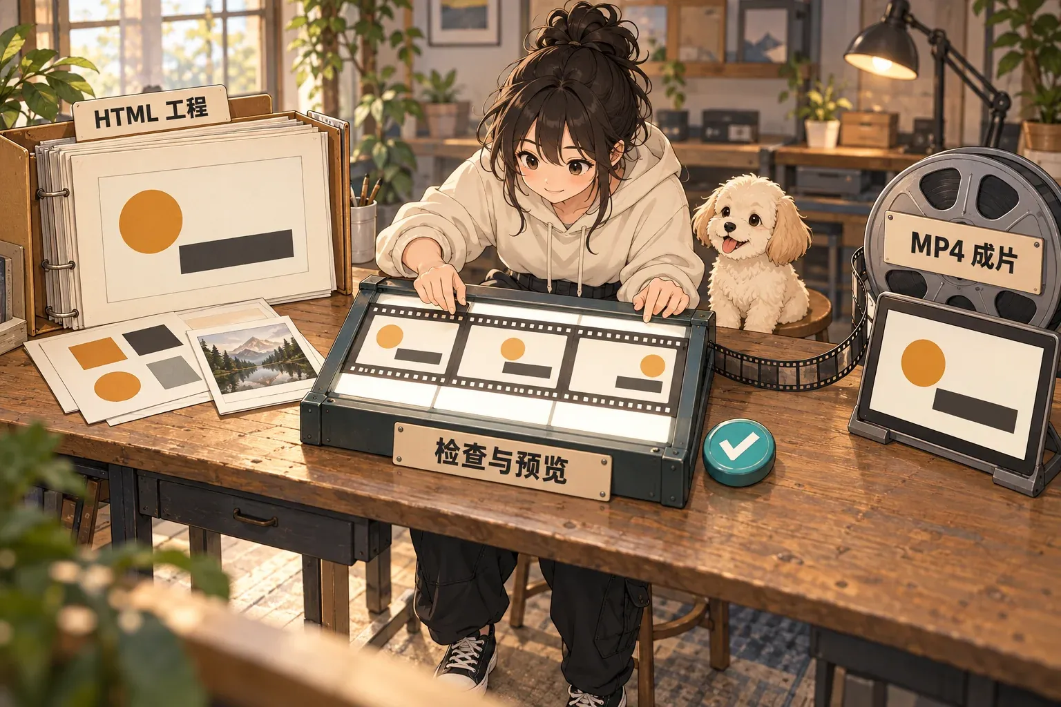 Original Chinese-labeled cover: an HTML project passes through checking and preview before becoming a finished MP4