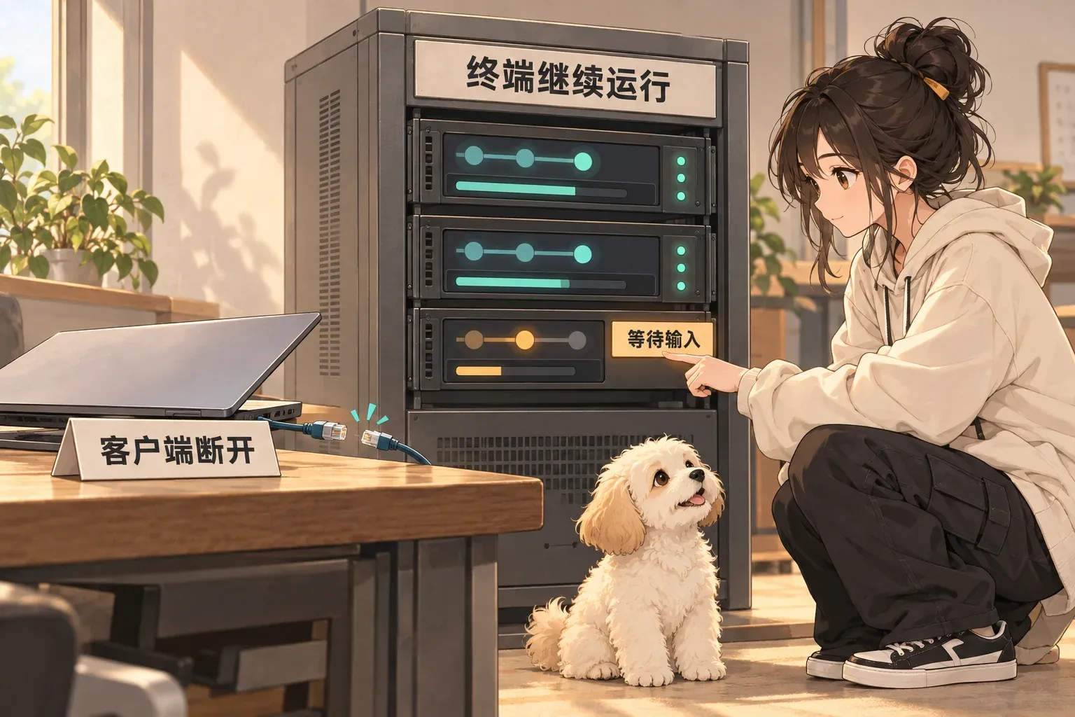客户端断开后，独立服务端的终端继续运行并标出等待输入的任务