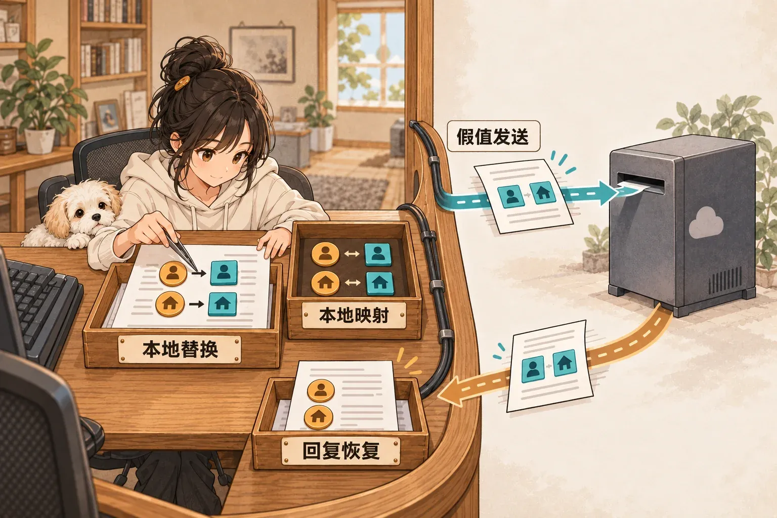 真实信息在本地替换为占位符，响应返回后再本地还原
