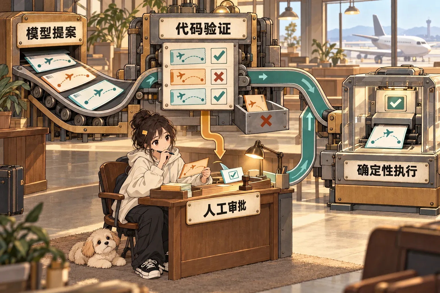 Agent 提案先经过确定性校验，再按风险进入执行或人工审批