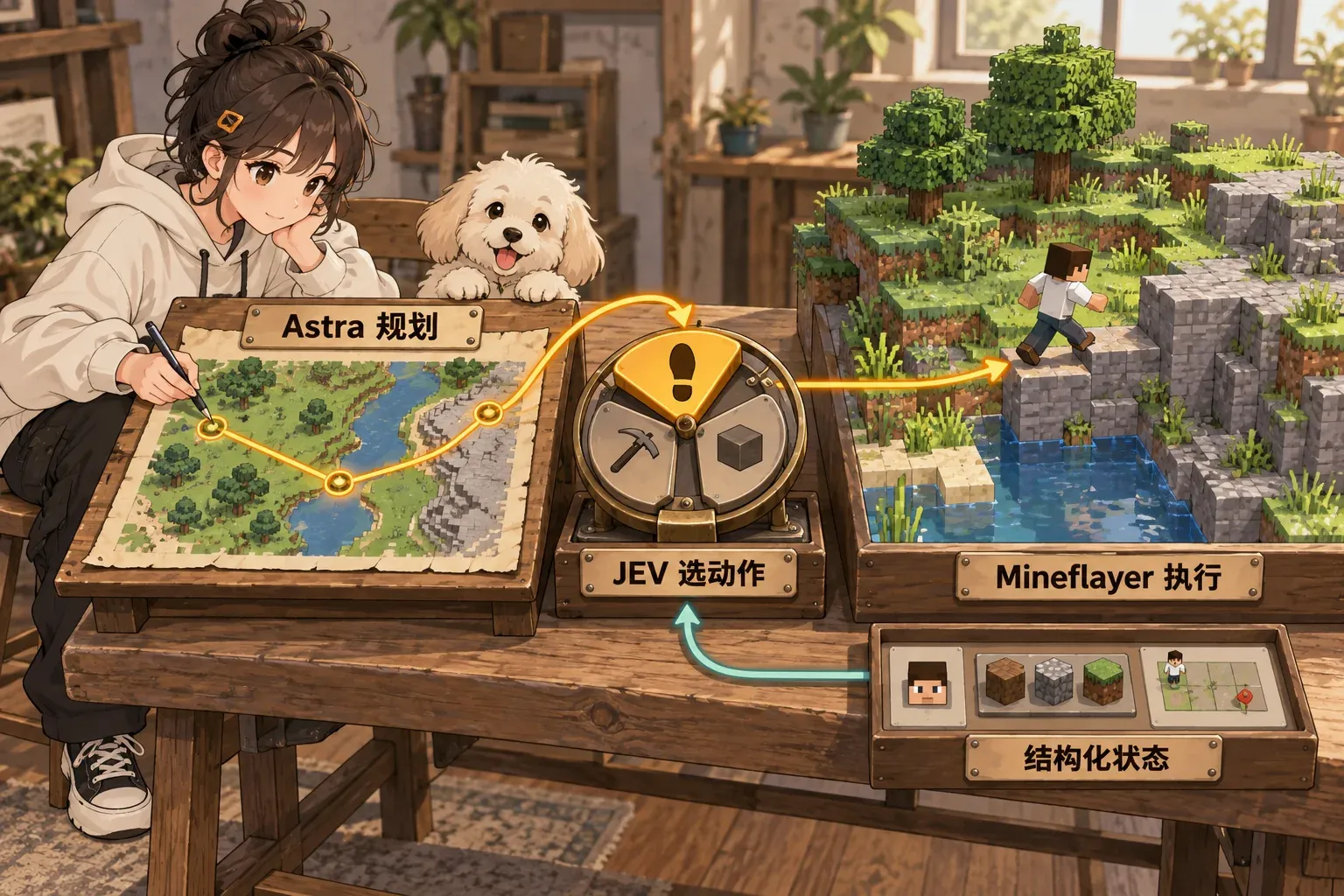 Astra 规划目标，JEV 根据结构化状态选动作，Mineflayer 执行