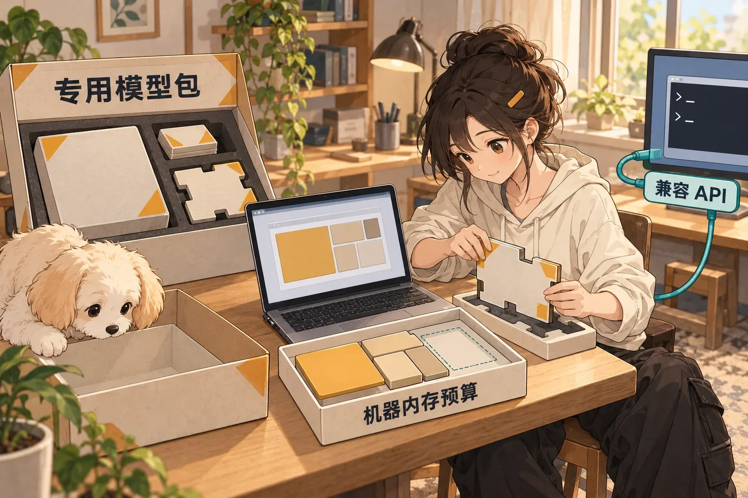 专用模型包按机器内存预算组装本地推理环境,再提供兼容 API