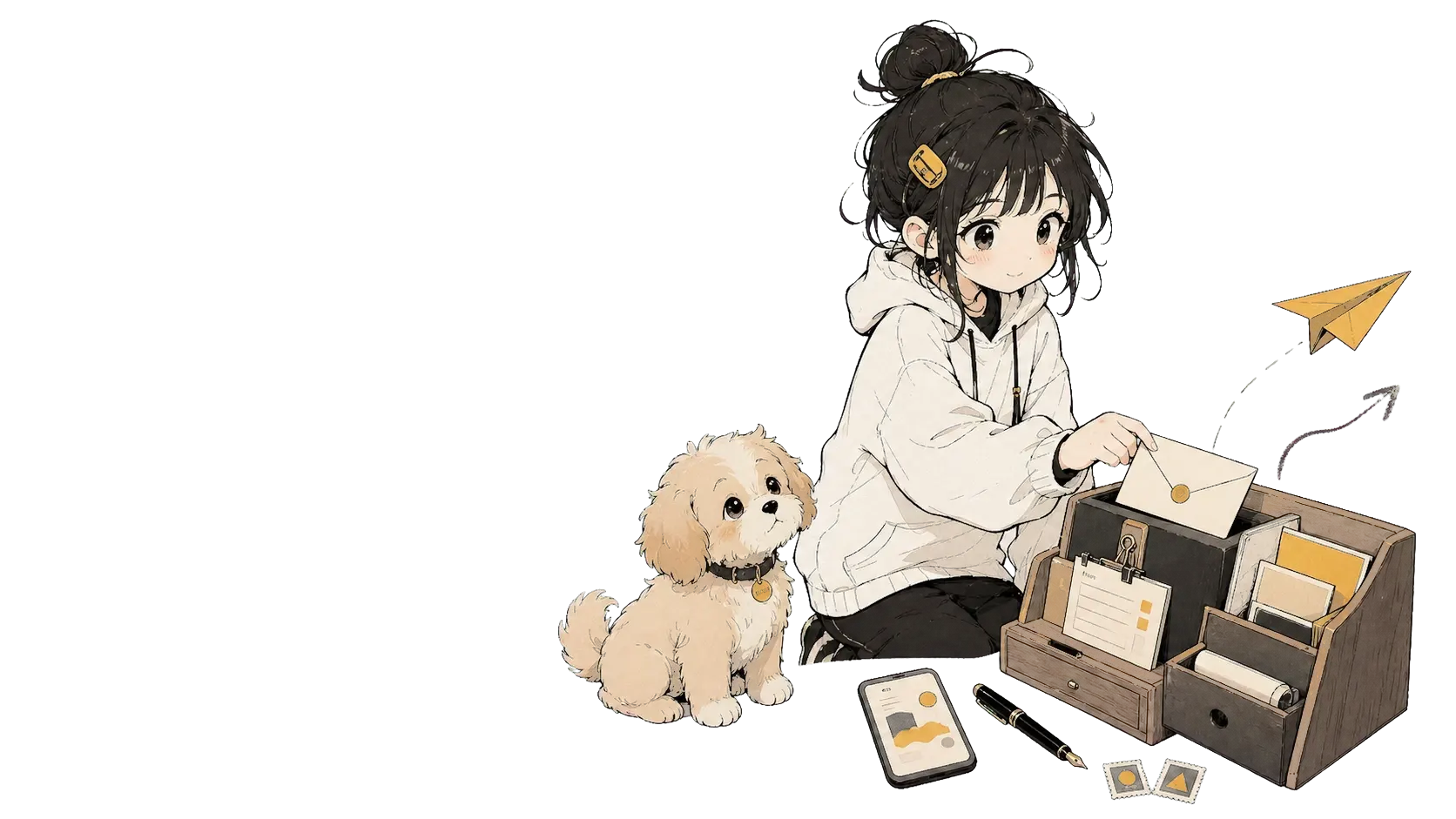 Lora 与 Mochi 在通信工作台寄出信件