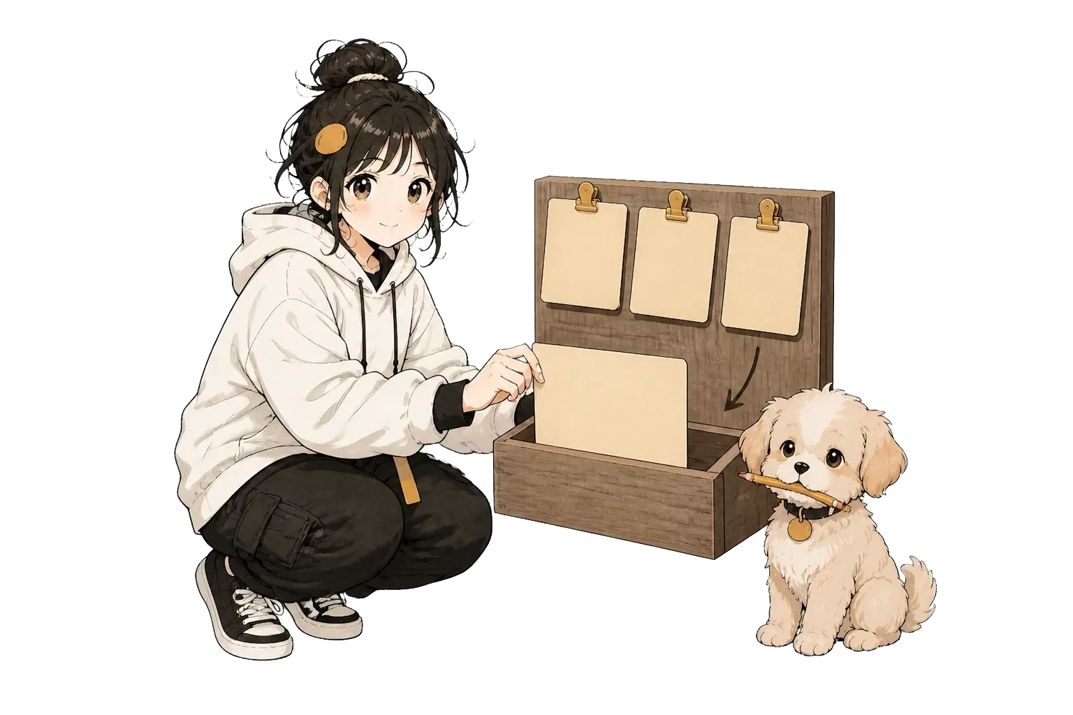Lora 与 Mochi 把空白明信片放入留言盒