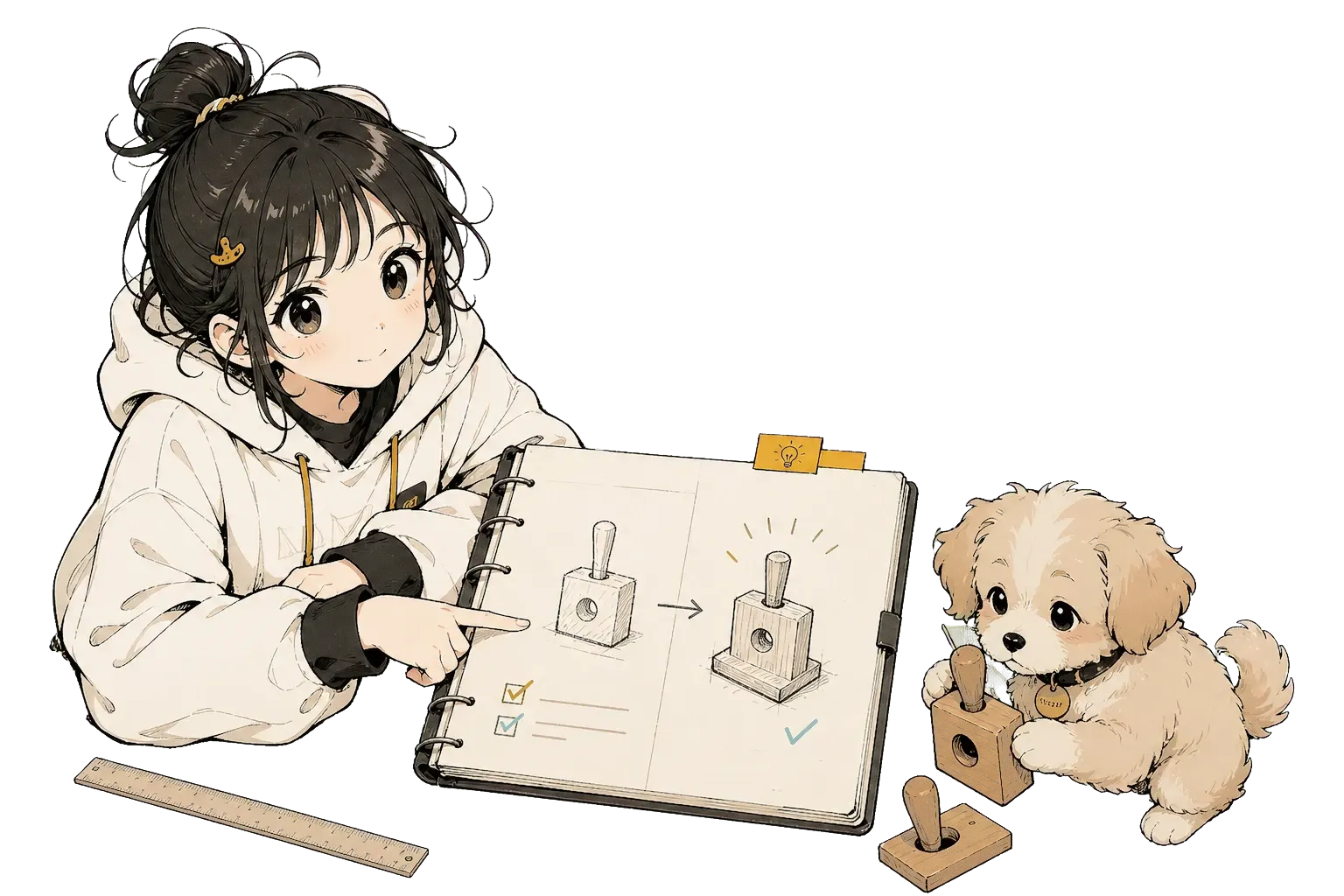 Lora 与 Mochi 在实验账本中核对交互原型