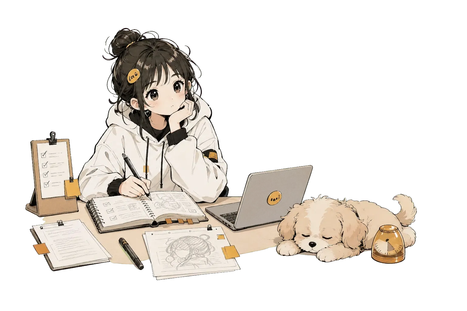 Lora 更新当前工作台，Mochi 在计时器旁休息