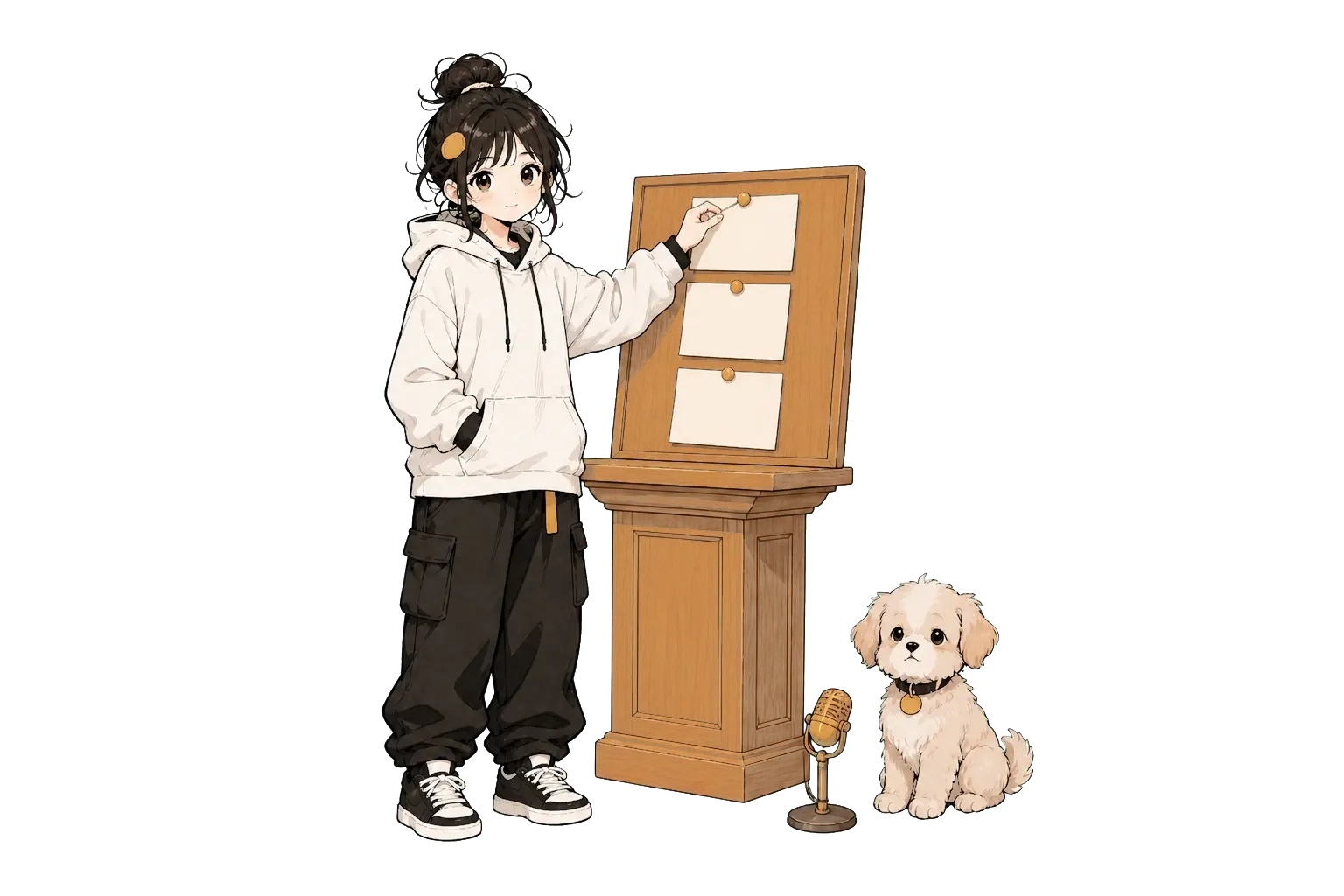 Lora 在讲台旁整理演讲卡片，Mochi 守着麦克风