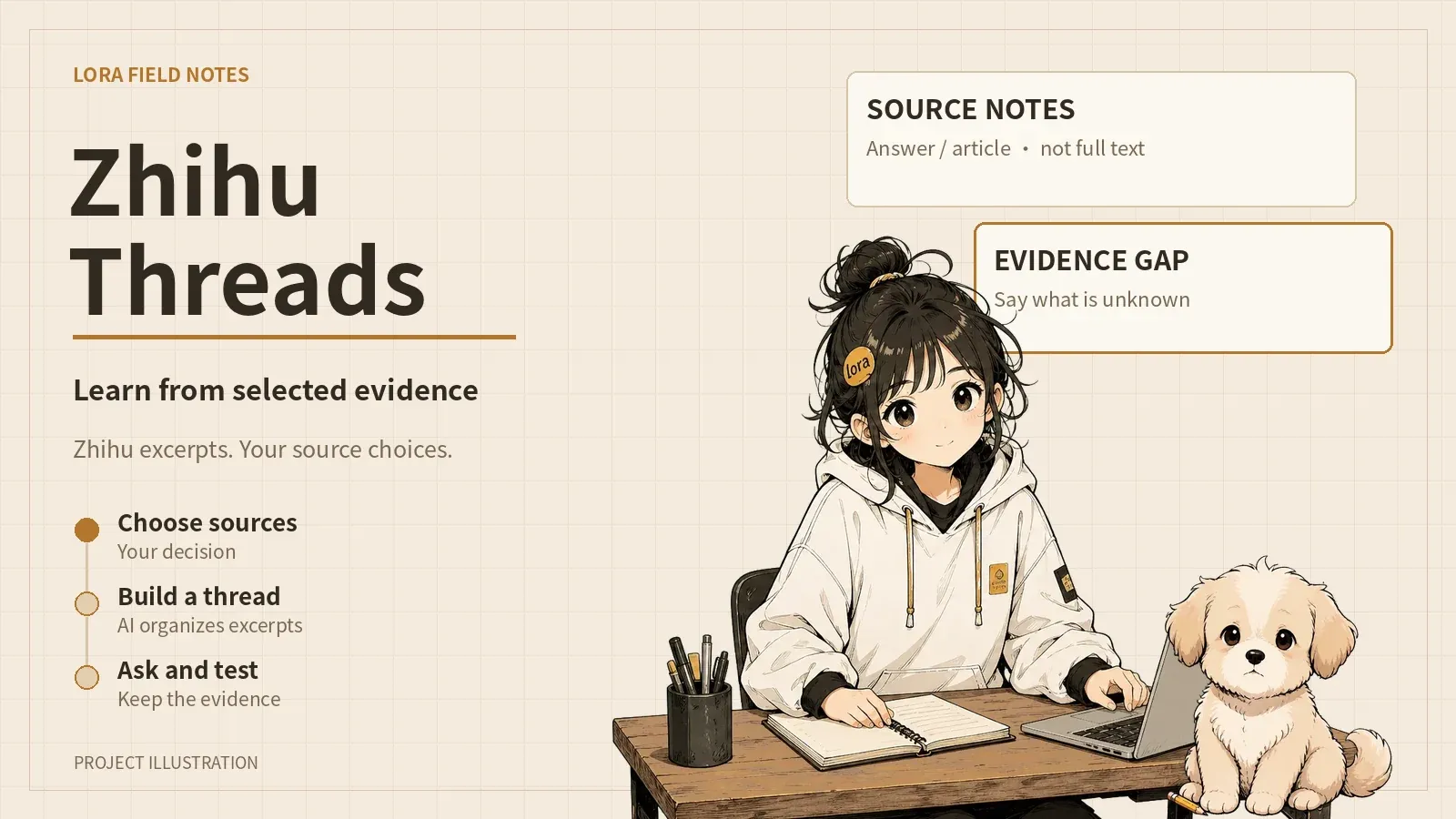 Project illustration of Lora and Mochi organizing source excerpts at their desk.